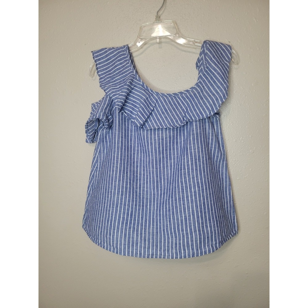 Madewell One Shoulder Ruffle Top Blue White Stripe Linen/Cotton Blend Sz 4